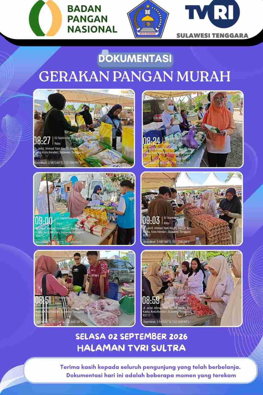 Pemerintah Kota Kendari melalui Dinas Ketahanan Pangan dan TVRI Sulawesi Tenggara menyelenggarakan Kegiatan Gerakan Pangan Murah (GPM) selama dua hari di Halaman TVRI Sultra.  Kegiatan GPM ini  merupakan kolaborasi TVRI Nasional dan  Badan Pangan Nasional yang dilaksanakan disejumlah Stasiun TVRI di Daerah. Dalam Kegiatan ini menyediakan berbagai kebutuhan pokok  mayarakat dengan harga terjangkau.  Masyarakatpun sangat antusias dengan adanya kegiatan ini .